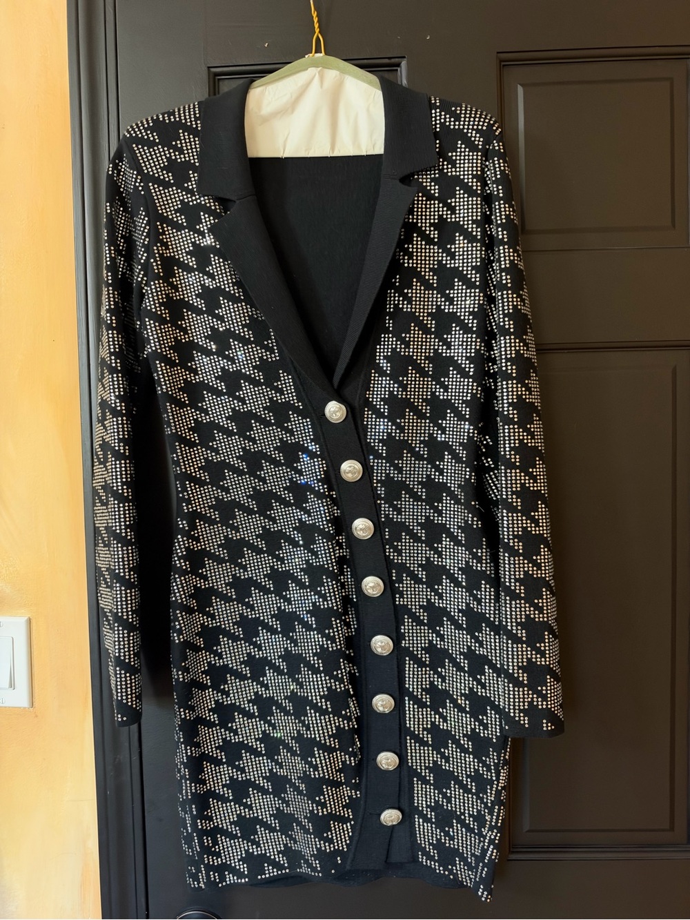 Retrofete Black and Silver Houndstooth Mini Dress Cardigan